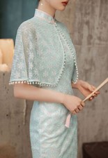 Womens Chinese Qipao Dress Cheongsam Lace Faux Peal Evening Gowns Traditional