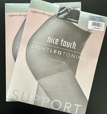 2 Pair Nice Touch Women's Light Leg Toning Control Top Pantyhose Off Black Sz C