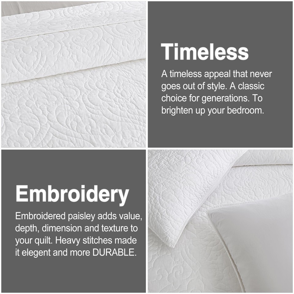 Querencia White Cotton Quilt King Size Paisley Cotton Coverlet