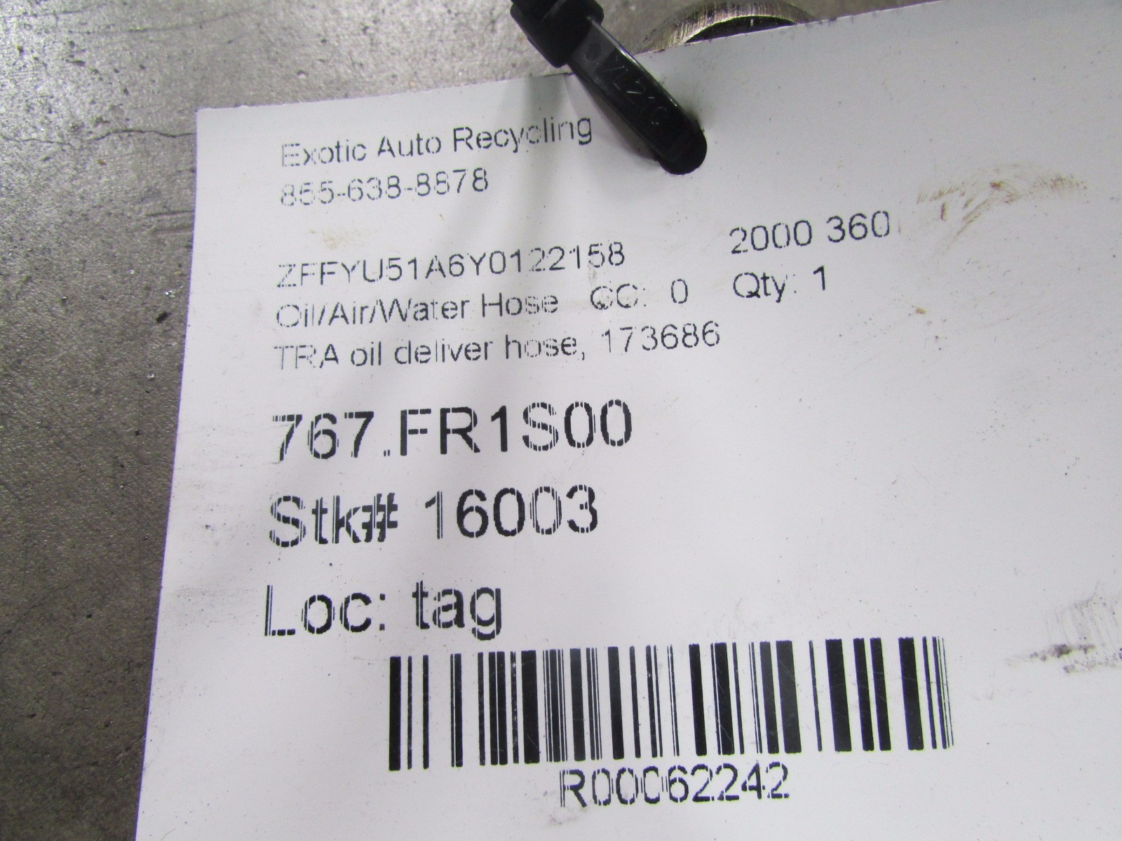 Ferrari 360, Transmission Oil Delivery Line, Oil Hose, Used, P/N 173686