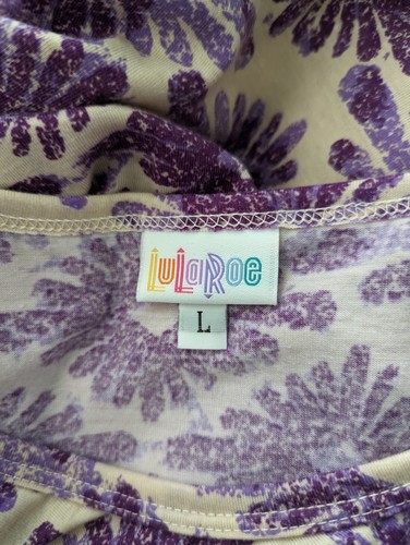 Lularoe Womens L Beige W Purple Flowers Short Sleeve Fit & Flare Knit Dress - Picture 5 of 6