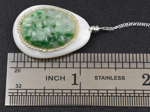 Sterling Silver 925 Mother of Pearl Pendant Carved Jadeite Jade & Pearl 18" 1.2g - Picture 4 of 13