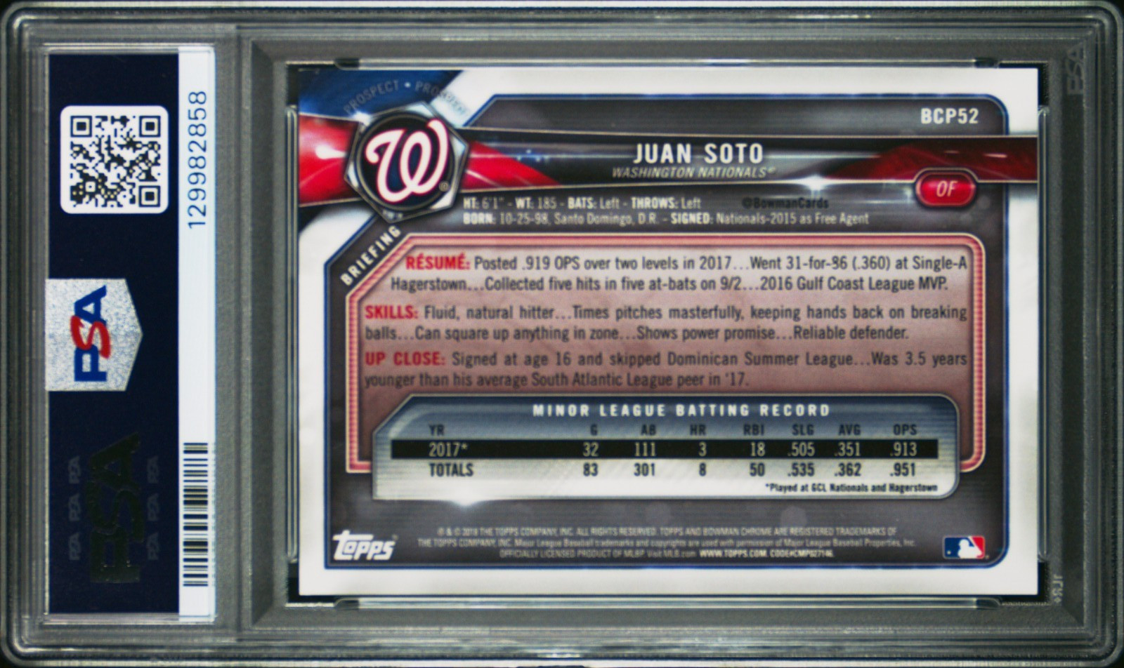 PSA 9 2018 Bowman Chrome Prospects Blue Refractor #BCP52 Juan Soto RC 26/150 view 3