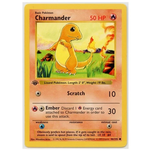 1999 Vintage Pokémon Charmander Base Set Shadowless 1st Edition #46/102 LP