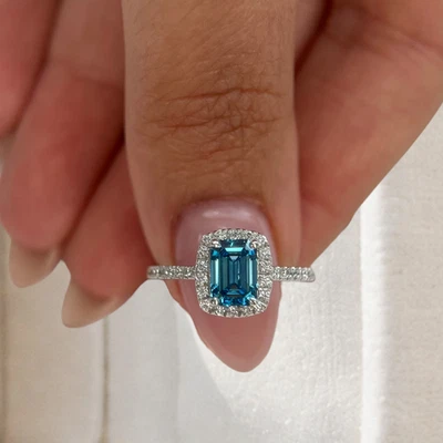 1.25 CT Emerald Cut IGI Lab Grown Fancy Intense Blue Diamond Ring 18K White Gold - Image 1 of 4