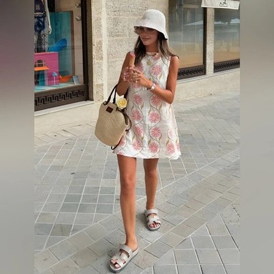 Commense Romantic Floral Print Short Dress Sz Large White/Pink CC9
