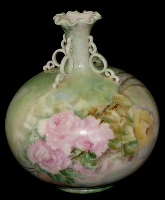 Antique BELLEEK 8  Ruffled Rim Pink Roses Vase w/Pastel Background - NO DAMAGE