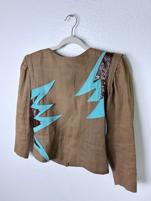 vintage 80s ZIG ZAG Iced Mocha SNAKESKIN Trim BLOUSE Medium Fitted Puff Sleeve