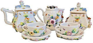 Antique Meissen Miniature Tea Set Encrusted & Hand Painted Flowers & Insects