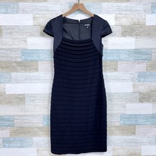 Adrianna Papell Shutter Pleat Sheath Dress Black Short Sleeve Evening Womens 8