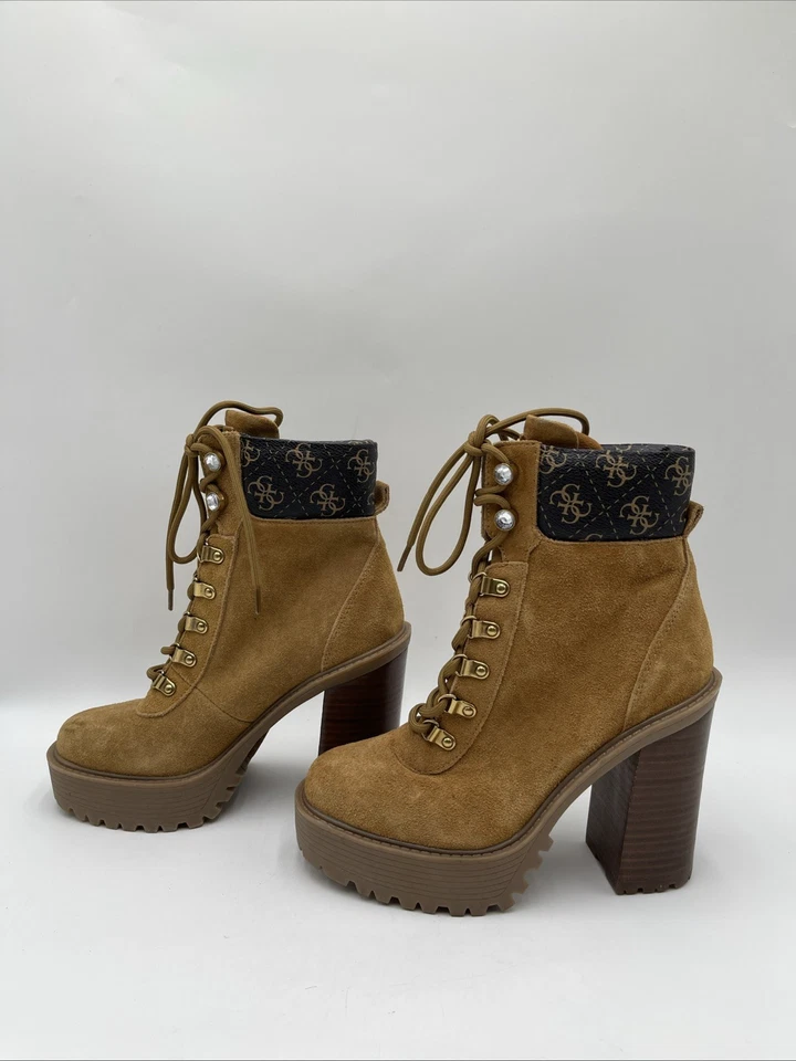 Guess 女式 Kelyna 系带厚底短靴棕色 7M 码 — 第 3/4 张图片