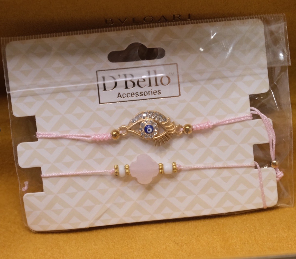 D'Bello Pink Gold Beaded Adjustable Cord Charm Bracelets with Flower & Evil Eye