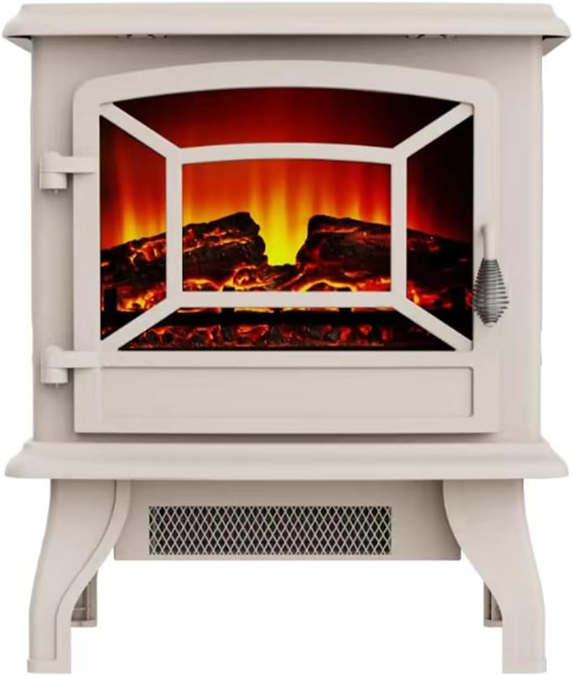 Electric Fireplace Freestanding Vintage Glass Door Log Flame Heater Black