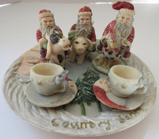 Vintage Resin Miniature Tea Set Santa on Farm Animals 10 pieces Christmas