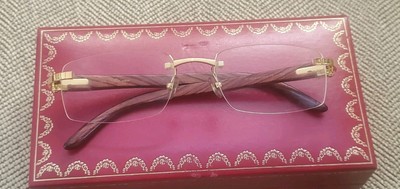 Near Mint Vtg Early Production Cartier Rimless Frame Bubinga Wood Temples W/case