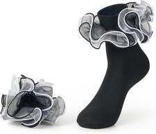 Women's Ruffle Ankle Socks, Cotton Lace Trim, Double Layered Frilly Cuffs, Black