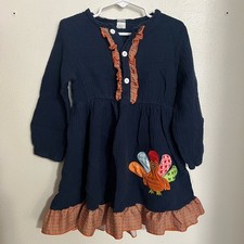 SHEIN Classic Ruffle Gauzy Thanksgiving Appliqu  Turkey Dress Navy Girl's Sz 6