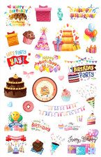 HAPPY BIRTHDAY STICKERS balloons cake lets party hat cupcake heart gift to you