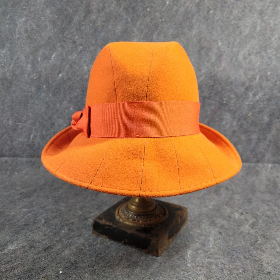 Sombrero Cloche 100% Lana Naranja Vibrante con Costuras Negras Cinta Ancha Hecho en Italia Foto 3 de 4