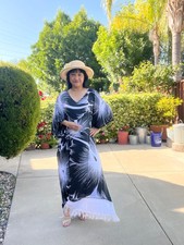 KD338 Black White Hibiscus Batwing Kaftan Dolman Women Abaya Maxi Dress Upto 5X