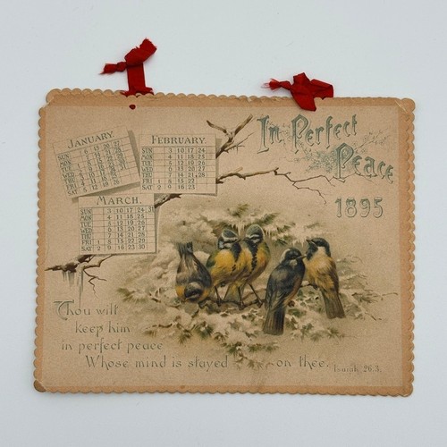 Antique 1895 Lithograph Calendar Biblical Verses Scalloped Edge Victorian Birds