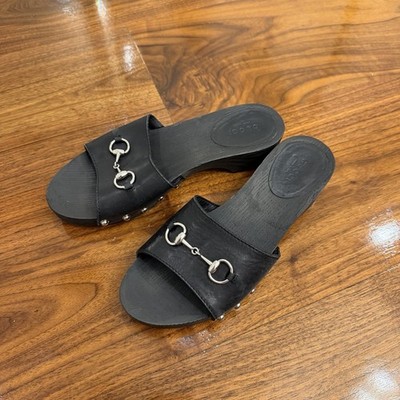 Gucci Black Leather Horsebit Slide Sandals Open Toe Slip On Women s EU 6