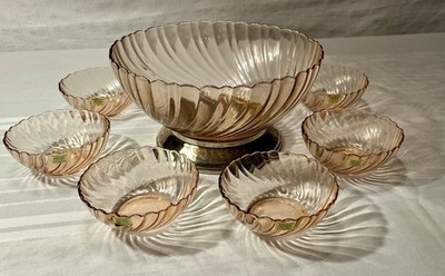 Vintage 10  Arcoroc Rosaline Pink Swirl Serving Bowl w/ Metal Base & 6 New Bowls