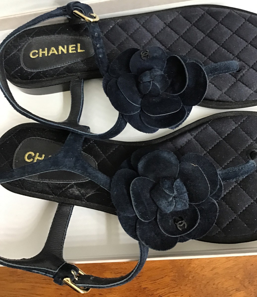 Chanel Sandal Navy Flat With Suede Camilla Flower Quilt Satin