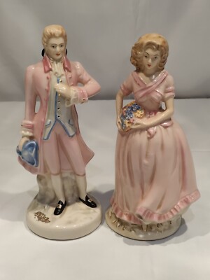 Johnson Hand Painted China Figures Lady & Gentleman Pink Vintage 10in Tall