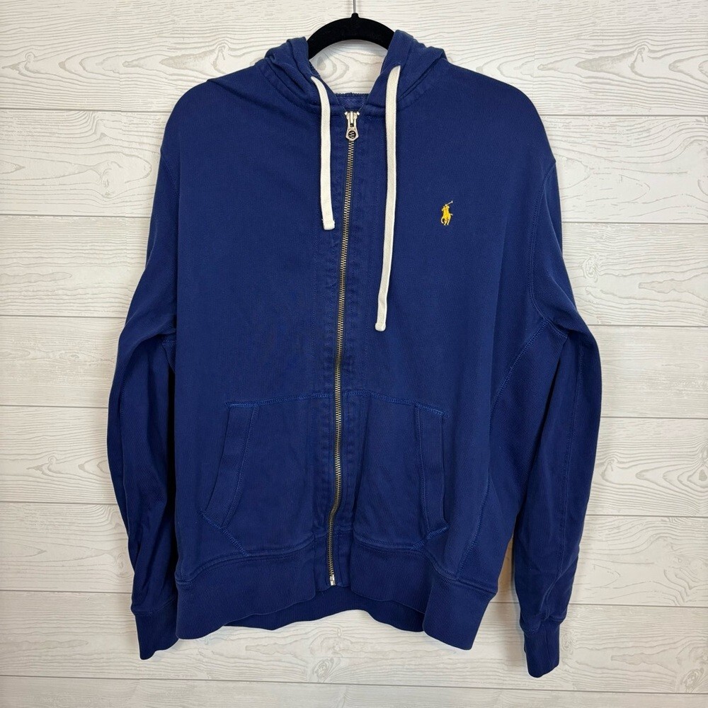 POLO RALPH LAUREN BLU FULL ZIP PILE GIACCA CON CAPPUCCIO ORO PONY TAGLIA XL