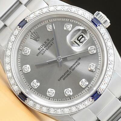 MENS ROLEX DATEJUST GRAY DIAMOND SAPPHIRE 18K WHITE GOLD SS WATCH w/ OYSTER BAND