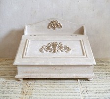 French Style Large Vintage Wood Slant Writing Stationery Box, Hand Painted Beige