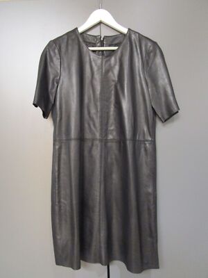 Tigha Lederkleid Schwarz Runder Ausschnitt Leichte A-Form Kurzarm Gr M (P4-7)