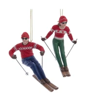 Kurt Adler Set of 2 Resin 4" Retro Man/Woman Downhill Skier Xmas Ornaments E0874