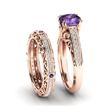 925 Sterling Silver 6 mm Cushion Cut Natural Amethyst Ring Set Cubic Zirconia