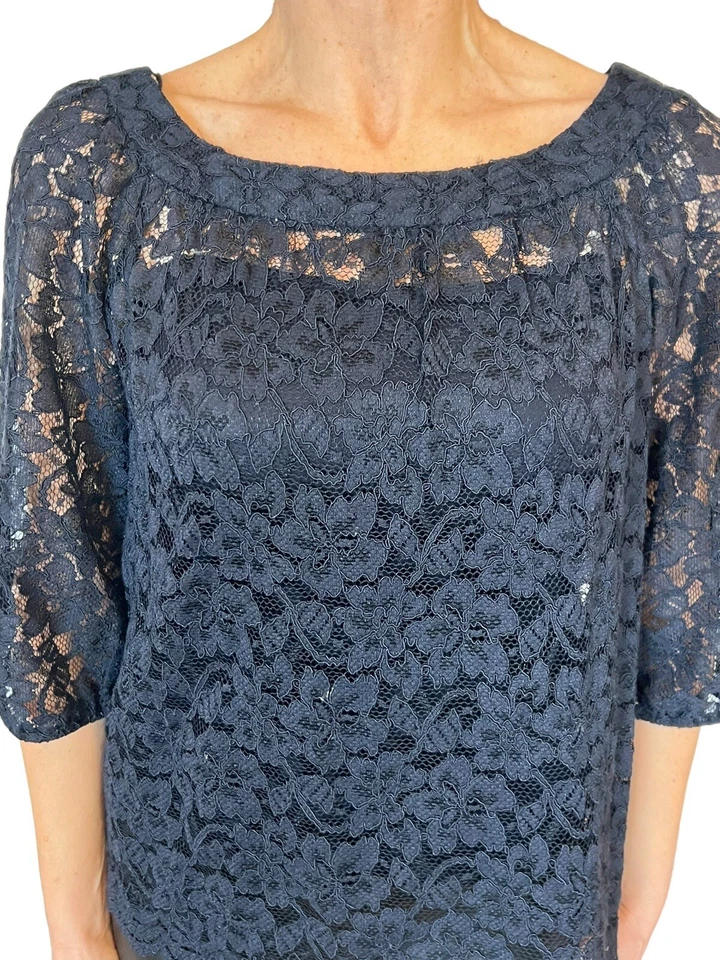 Diane Von Furstenberg DVF Women's Elisabetta Navy Lace 3/4 Sleeve Blouse Top 4 - Image 4 of 4