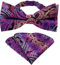 Mens Pre-Tied adjustable Bow Tie Paisley Purple Gold Bowtie Hanky Wedding Party