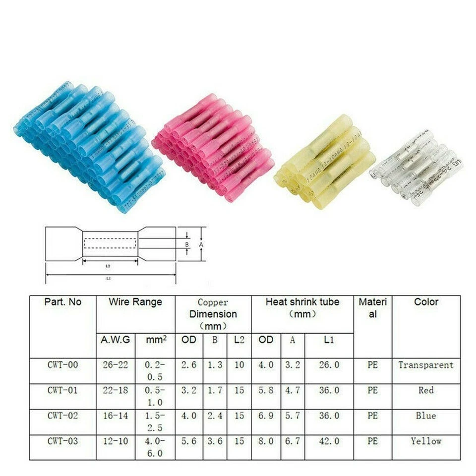 200/100pcs Heat Shrink Butt Wire Electrical Crimp Connector 10-12 14-16 18-22AWG - Image 2 of 4