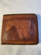 Vtg Wallet Bifold Handmade Tooled Leather Western Laced Horse  Plant Scenes