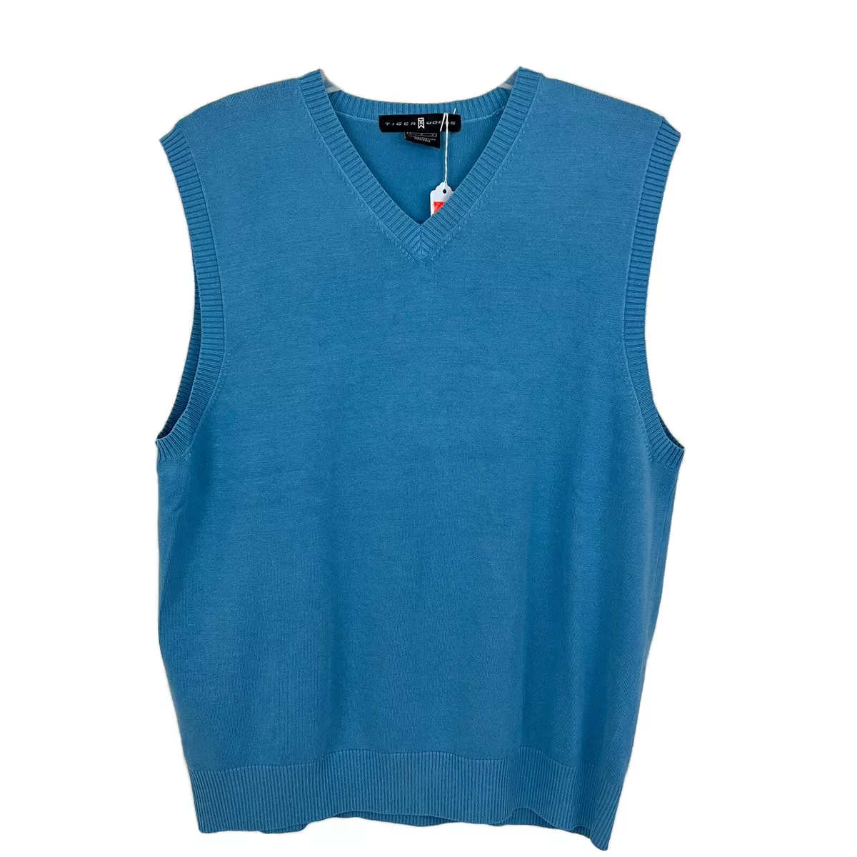 Tiger Woods Golf Sweater Vest Mens L Blue Silk Nylon V-Neck Stretch Pullover
