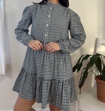 Gap 100% Cotton Checkered Plaid Tiered Green And Navy Mini Dress Buttons Size XS