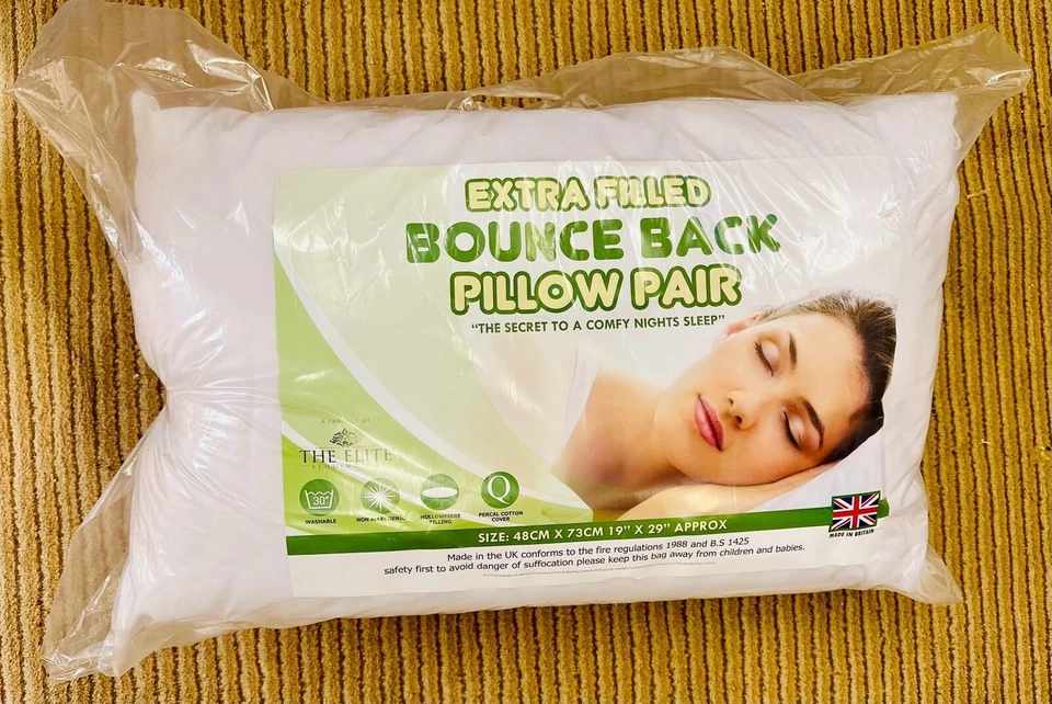 Pack Of 2 Hotel Quality Bounce Back Pillows Luxury Soft Hollowfibre Filled