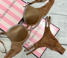 Victoria's Secret Shine Cradle Very Sexy Push Up Bra Thong Set Toffee Beige