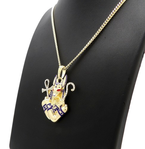 Iced Gold PT Egyptian Anubis Pendant & Box Cuban Rope Chain Hip Hop Necklace - Picture 27 of 43