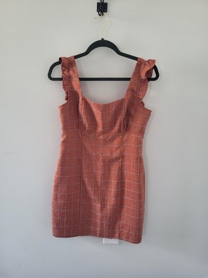Allison & Kelly Womens Burnt Orange Windowpane Plaid Ruffle Sheath Dress Medium