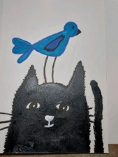 GAT Abrstract Original Painting 6x9 Whimsical Animals Black Cat And Blue Bird
