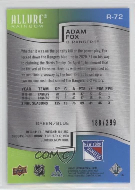 2021-22 Upper Deck Allure Rainbow Green Blue /299 Adam Fox #R-72 - Image 2 of 2