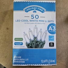 Holiday Time 50 LED Cool White Mini Lights Green Wire 12.5 Ft Indoor/Outdoor