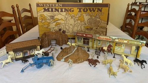 Marx Western Mining Town Play Set, Vintage with Figures, Accessories & Box