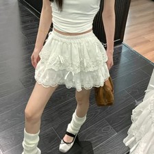 Deeptown Coquette White Lace Short Skirt Ruffle Women Sweet Bow Kawaii Mini Skir